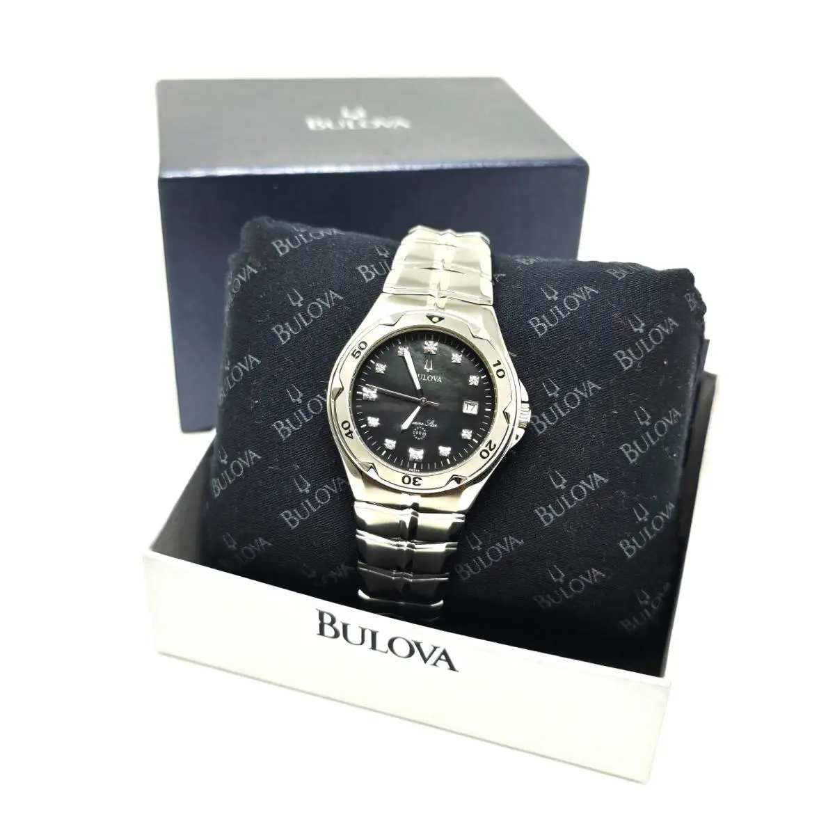 C837315 Black Marine Star 100m Diver Day Date Diamonds W/box by Bulova