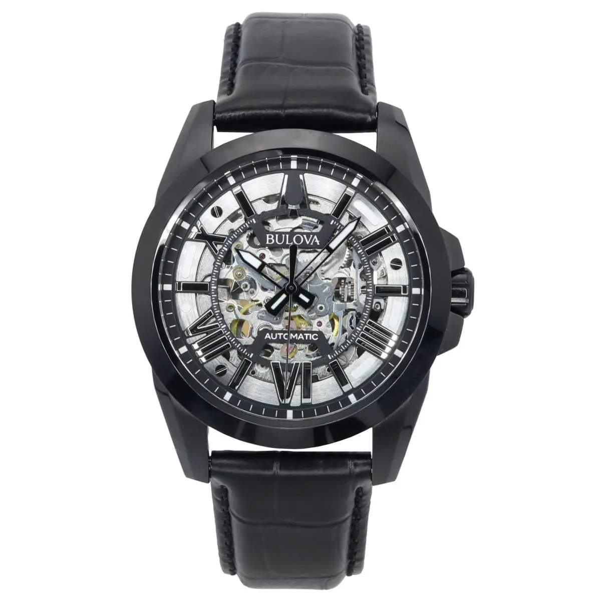 Classic Sutton Leather Strap Silver Skeleton Dial 98A304 100M Mens Watch by Bulova