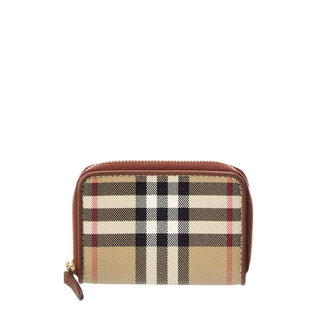 Burberry Check E-canvas Leather Coin Purse Women`s Beige