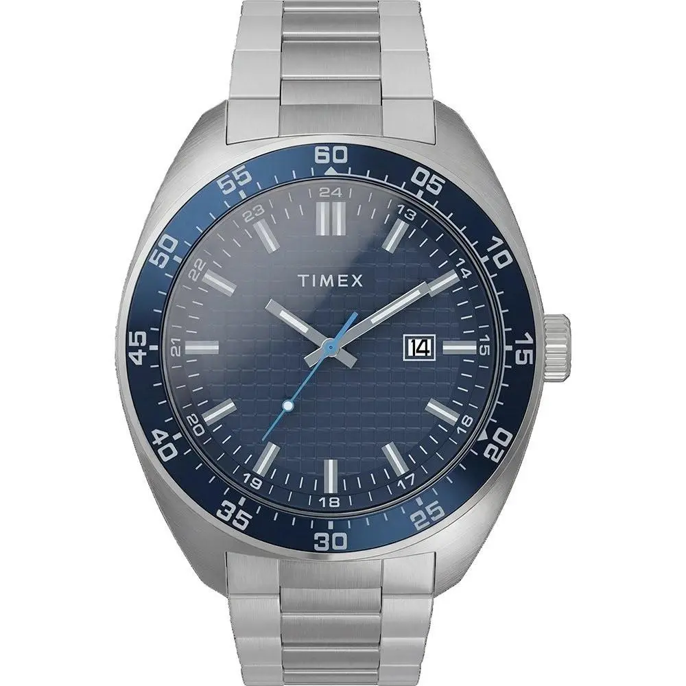 Timex TW2Y88900 Men`s Weston Stainless Steel Blue Dial Analog Date Watch - Dial: Blue, Band: Silver, Bezel: Blue