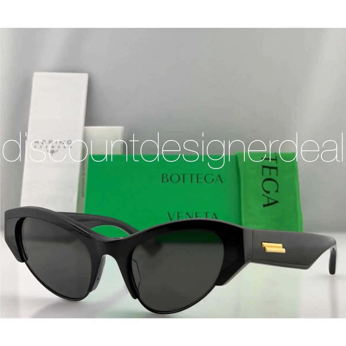Bottega Veneta BV1102S 001 Cat-eye Sunglasses Black Gold Grey Lenses 53mm