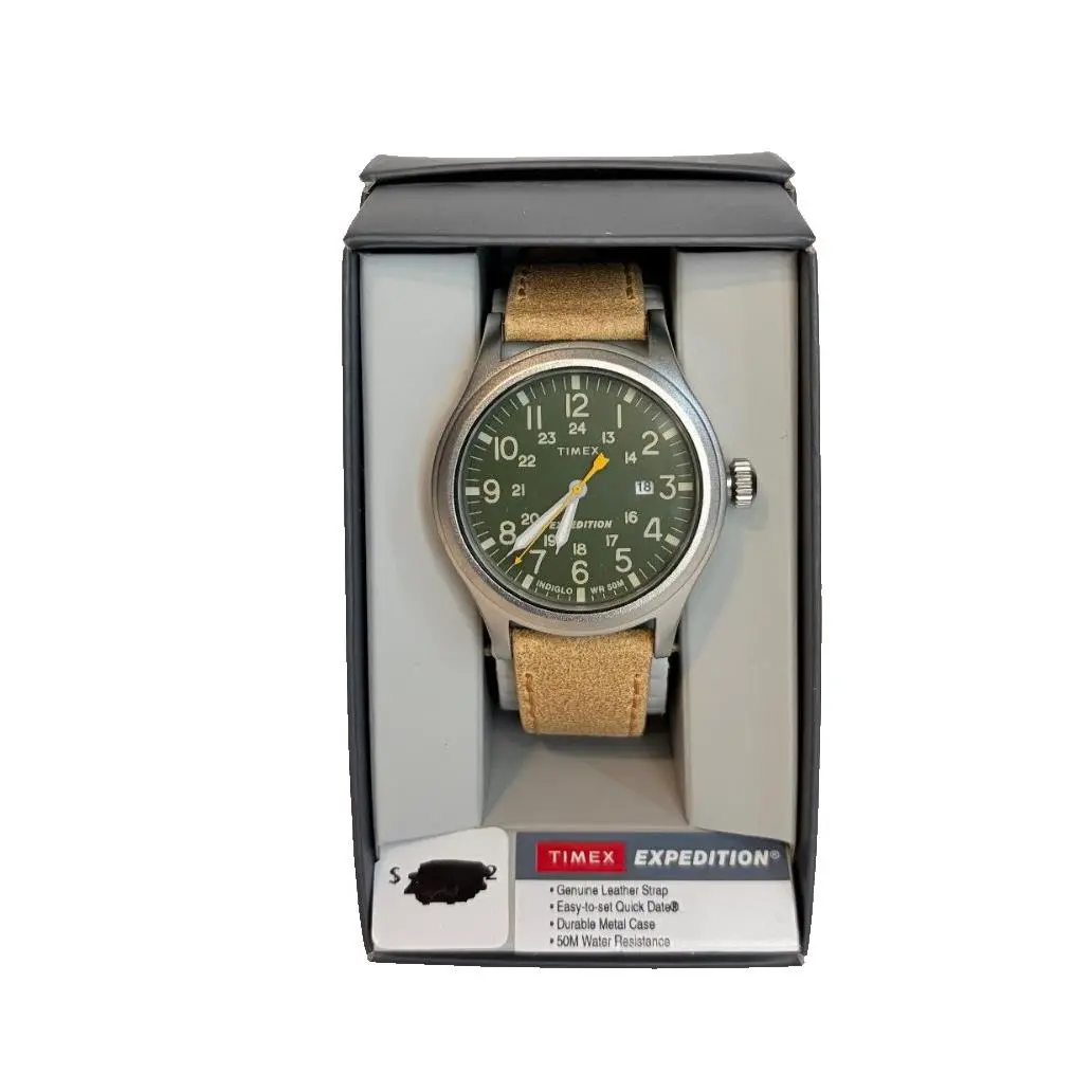 Timex Expedition Scout 40mm Watch Green Dial Brown Leather Strap Indiglo Date