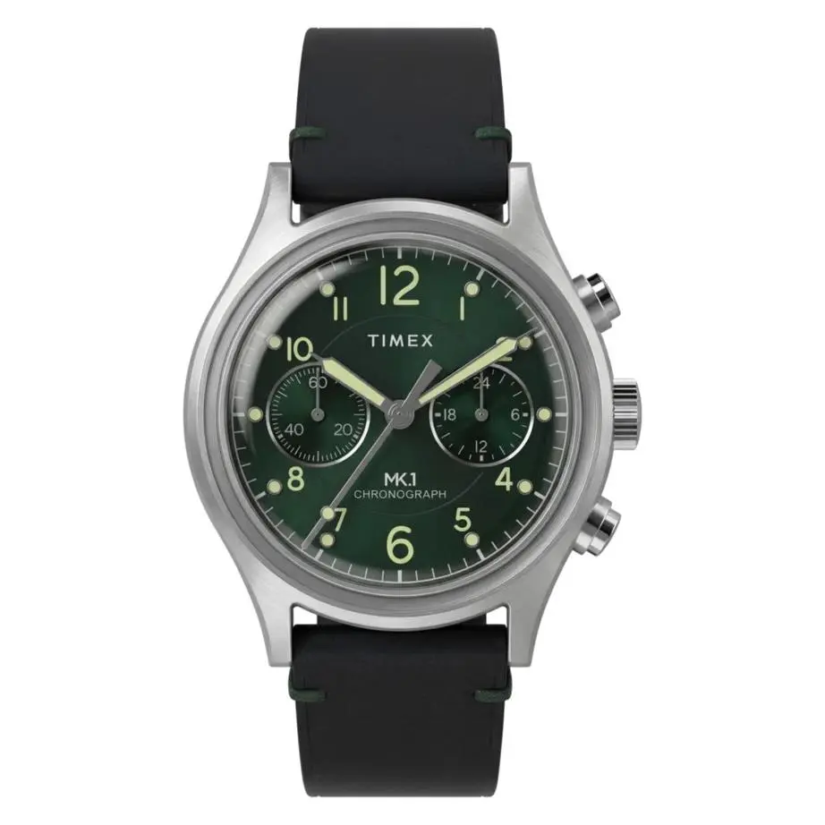 Timex Military Style MK1 Chronograph Green Dial Black Leather Strap Watch