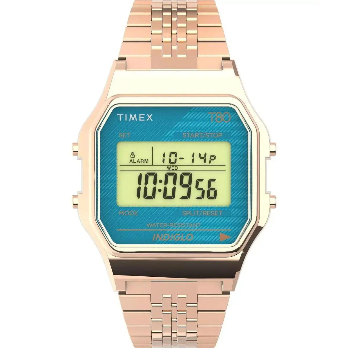 Timex T80 Unisex 34mm Blue Digital Indiglo Rose Gold IP Watch TW2U93600