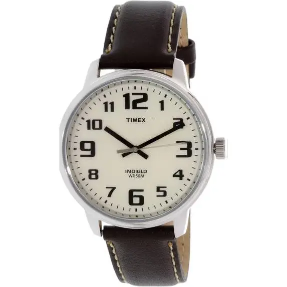 Timex T28201 Men`s Easy Reader Brown Leather Watch Indiglo 42MM Case