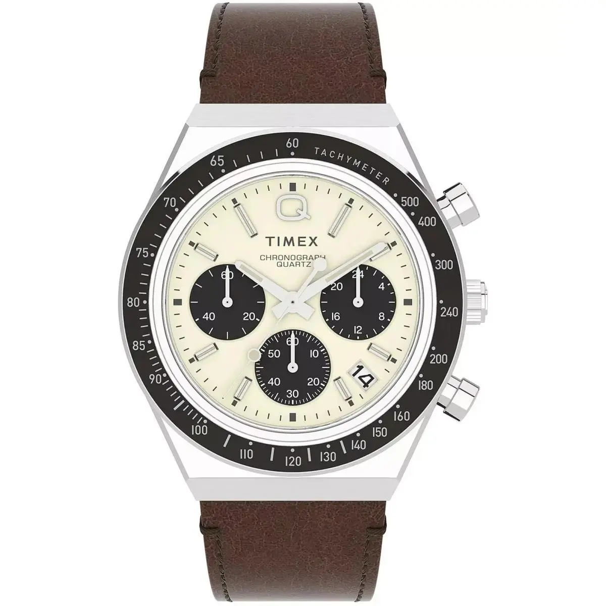 Timex Q Chronograph Men`s 40mm Cream Dial Brown Leather Watch TW2V42800