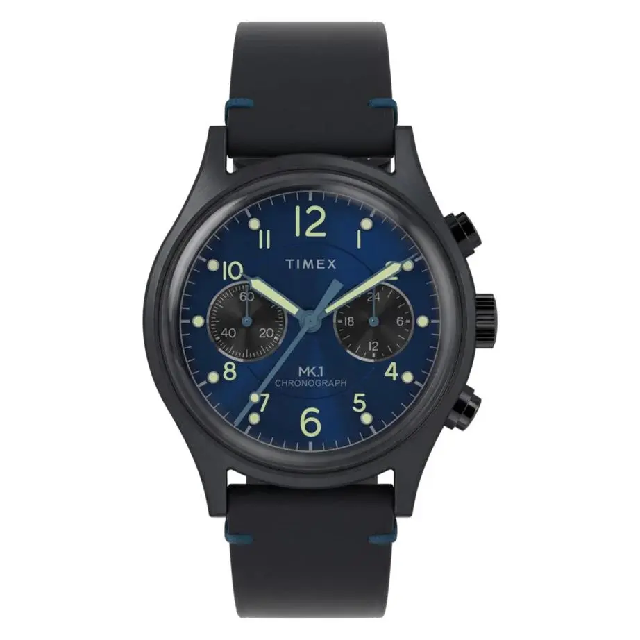 Timex Military Style MK1 Chronograph Blue Dial Black Leather Strap Watch