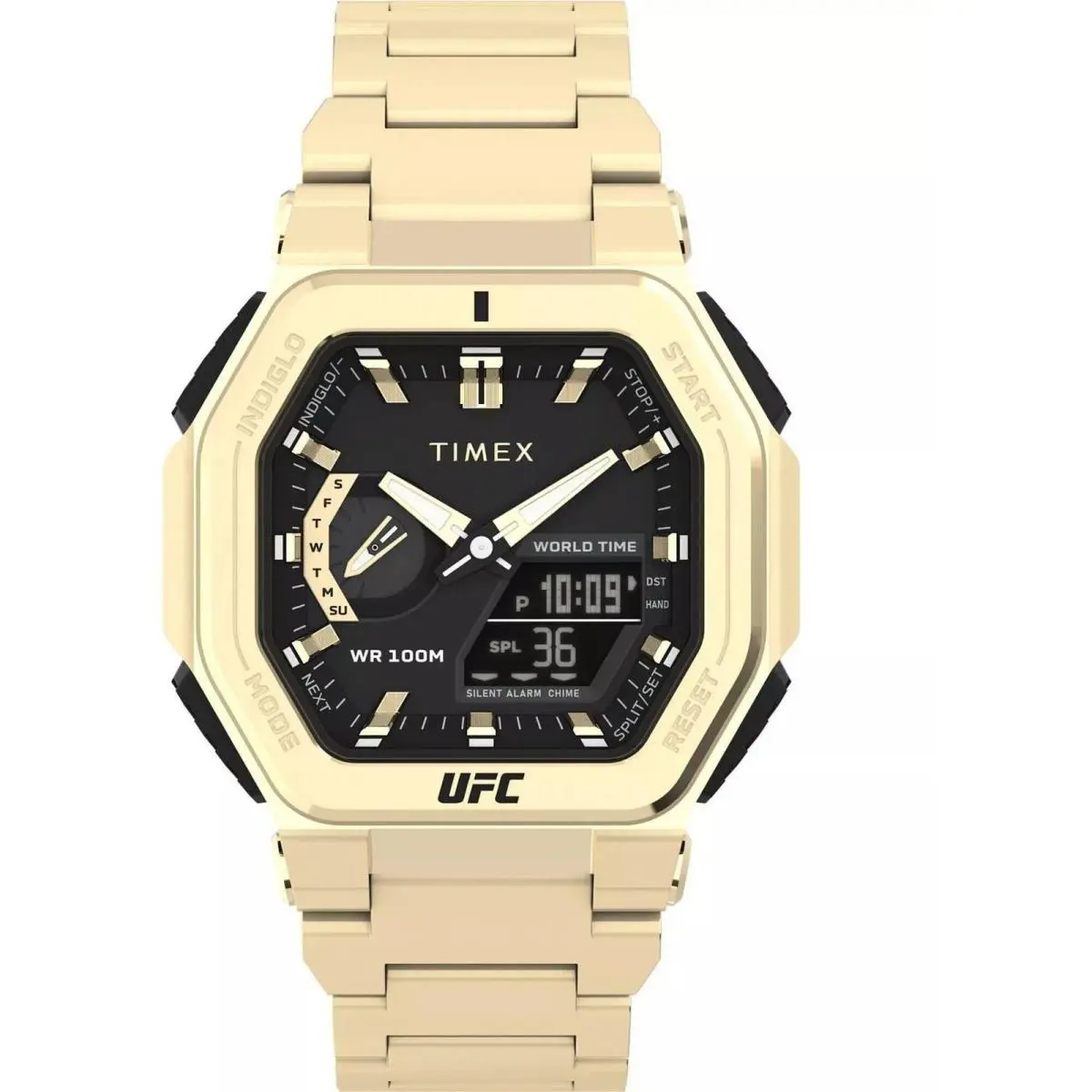 Men`s Watch Ufc Quartz Alarm Black Dial Yellow Gold Bracelet TW2V84500 by Timex