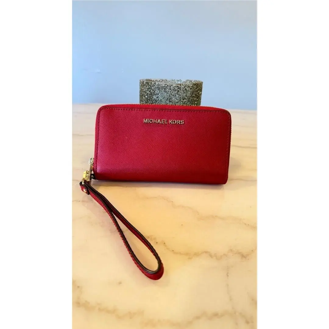 Michael Kors Jet Set Travel Wallet Wristlet Scarlet Leather LG Flat MF Phn Case