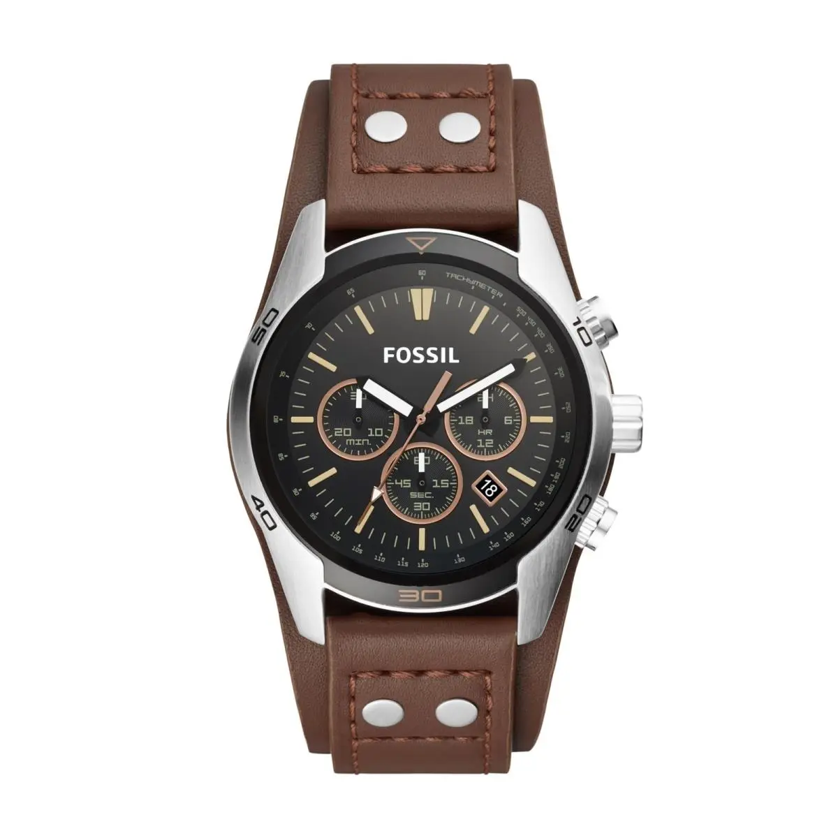 Coachman Quartz Chronograph Leather 45 mm Brown Leather/silver/black by Fossil