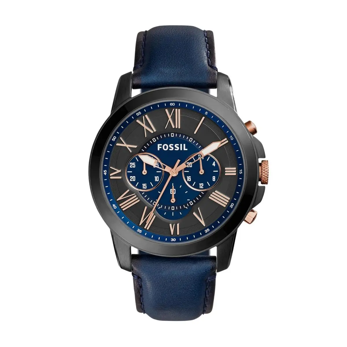Men`s Watch Grant Quartz Chronograph Blue Leather/black by Fossil
