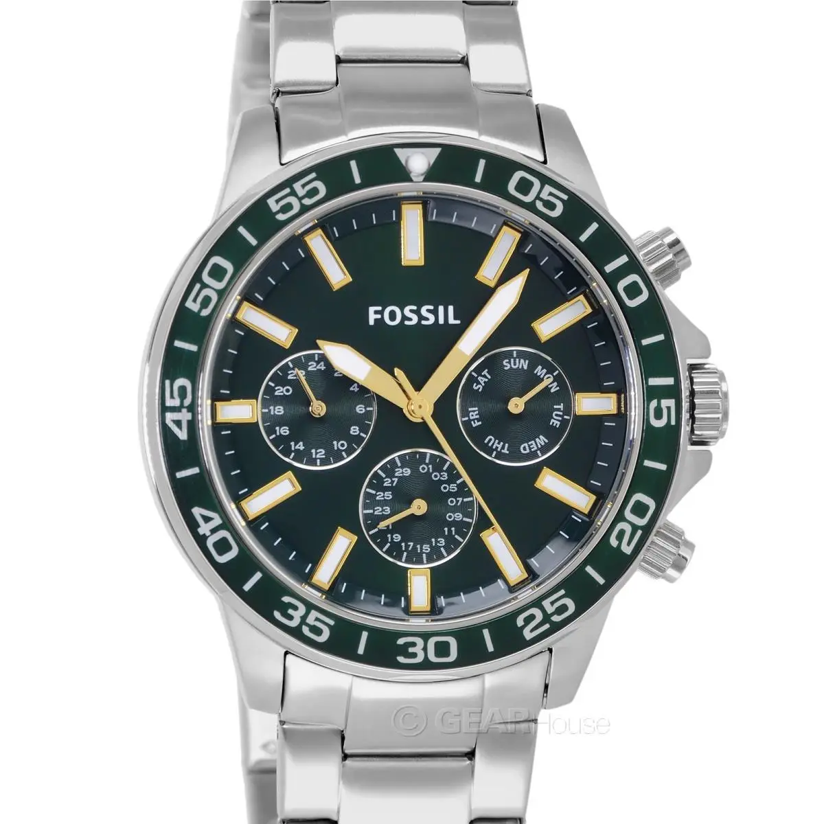 Bannon Mens Multifunction Watch Green Dial Silver Stainless Steel Band by Fossil