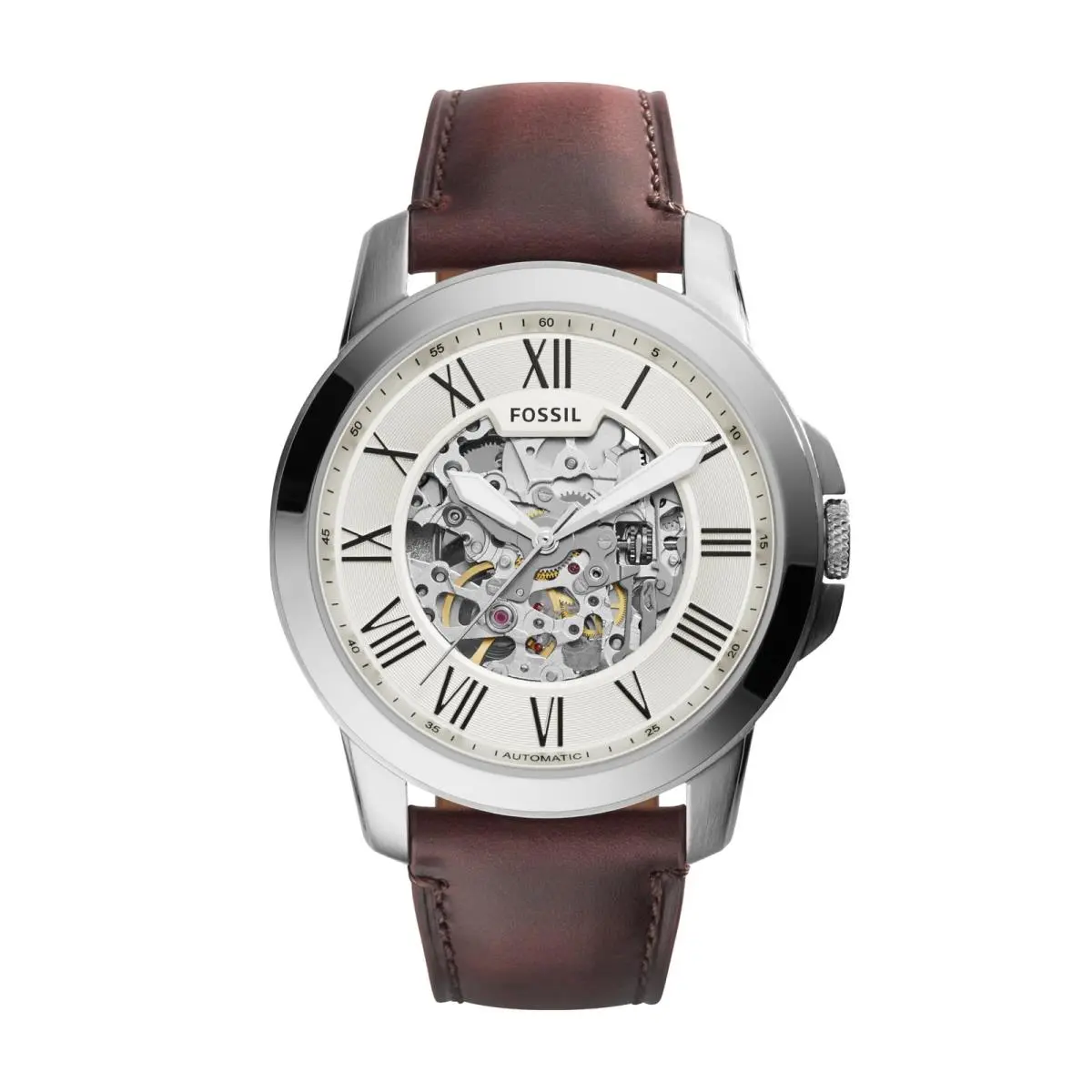 Fossil Men`s Watch Grant Quartz Chronograph Brown Leather/silver Auto