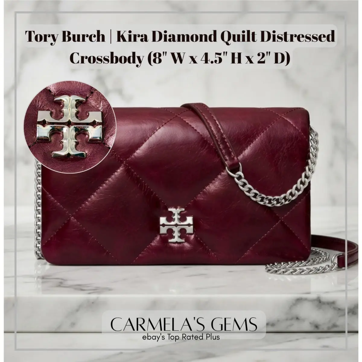 Kira Diamond Quilt Distressed Chain Wallet Dark Carmine Leather by Tory Burch