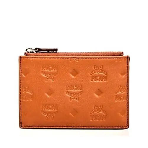Mcm Aren Logo Monogram Leather Zip Card Case Bombay Brown Wallet