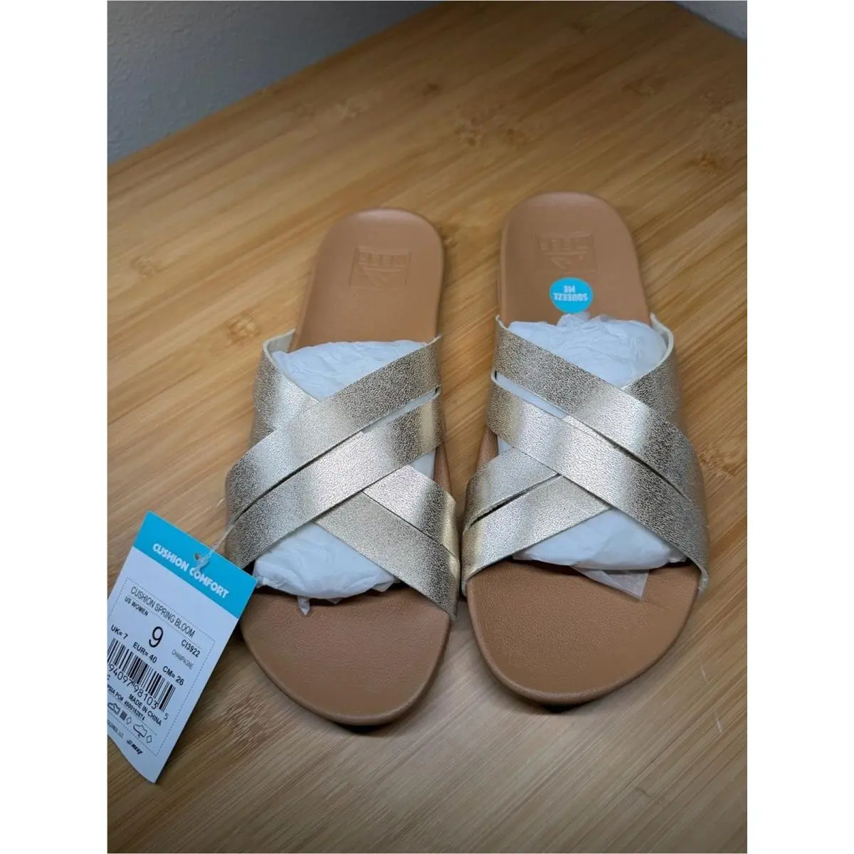 Reef Cushion Spring Bloom Comfort Slide Sandals Metallic Champagne Gold Size 9