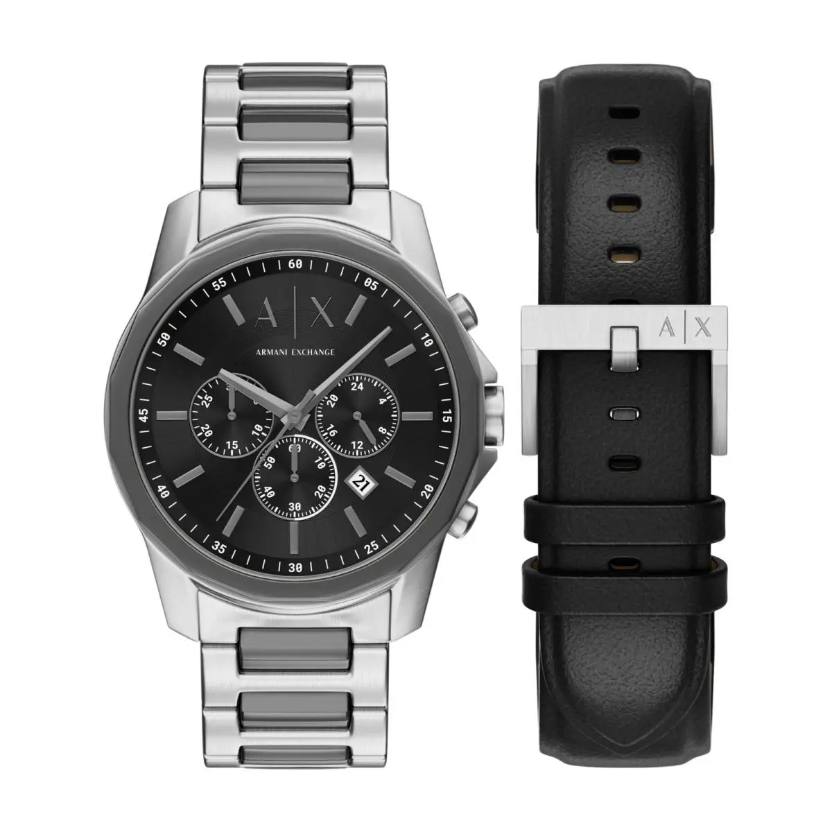 A X Men`s Chronograph 44MM Silver/black Leather Gift Set by Armani Exchange