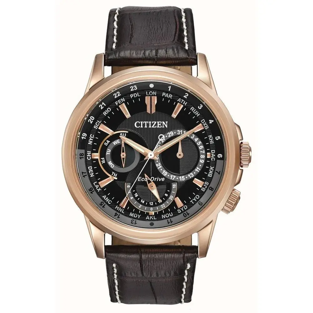 Eco-drive BU2023-04E World Time Black Dial Rose Gold Leather Strap 44mm by Citizen