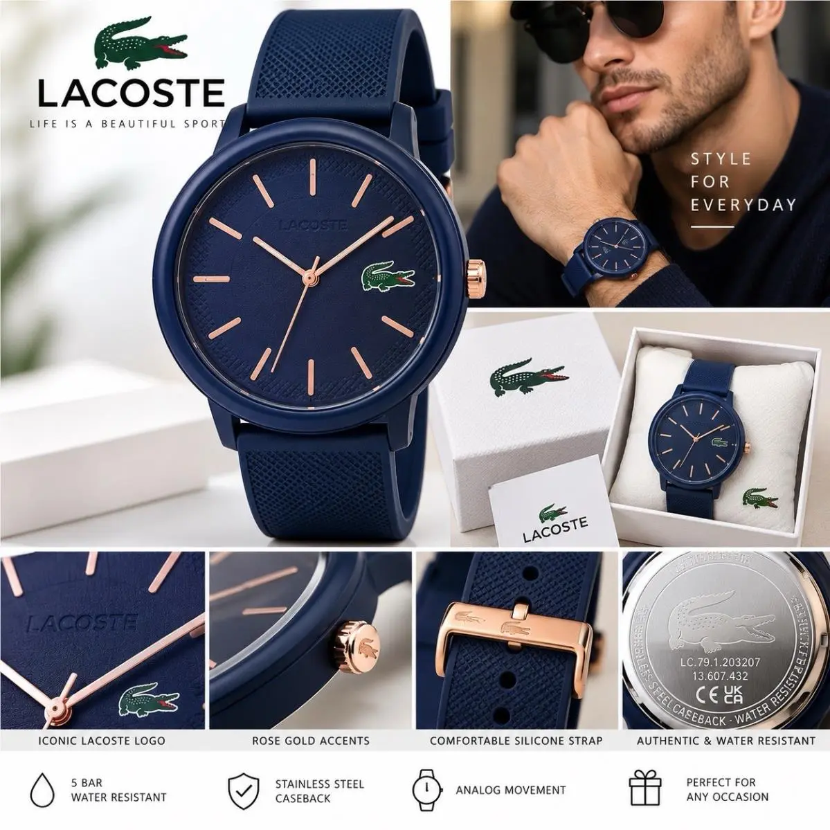 Men’s Watch Navy Blue Silicone Strap Rose Gold Tone 5 Atm w/ Box by Lacoste