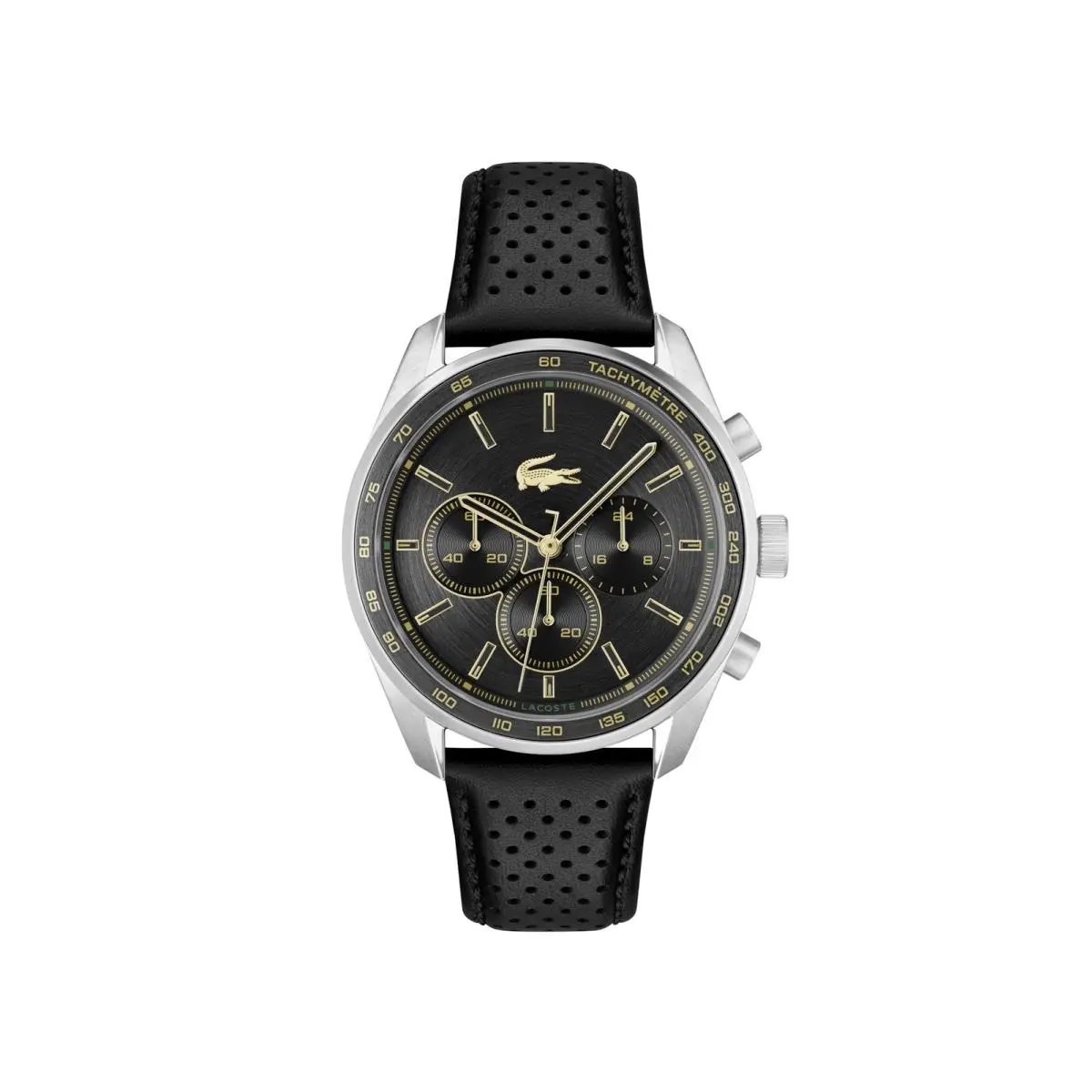 Lacoste Boston Men`s Chronograph Watch - Sporty Leather Black Stainless Steel