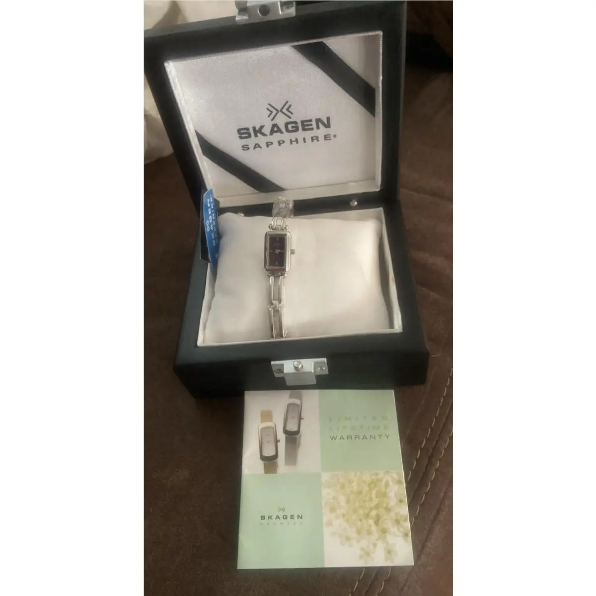 Skagen Sapphire Silver Tone Watch Rectangle SP13SSXN Blue Dial May Need Battery