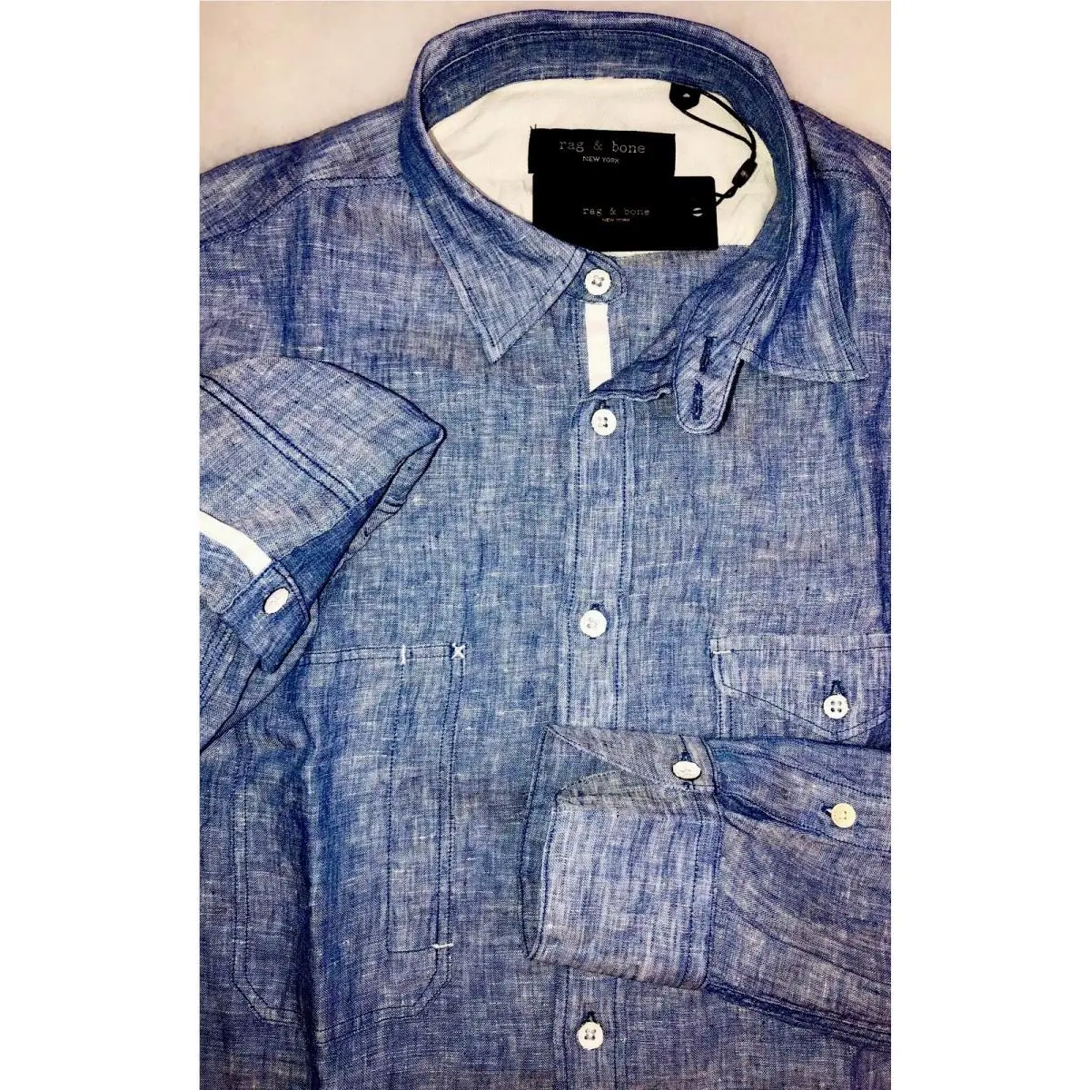 Rag Bone Linen Sky Indigo Engineered Button Front LS Shirt Size XL by Rag & Bone