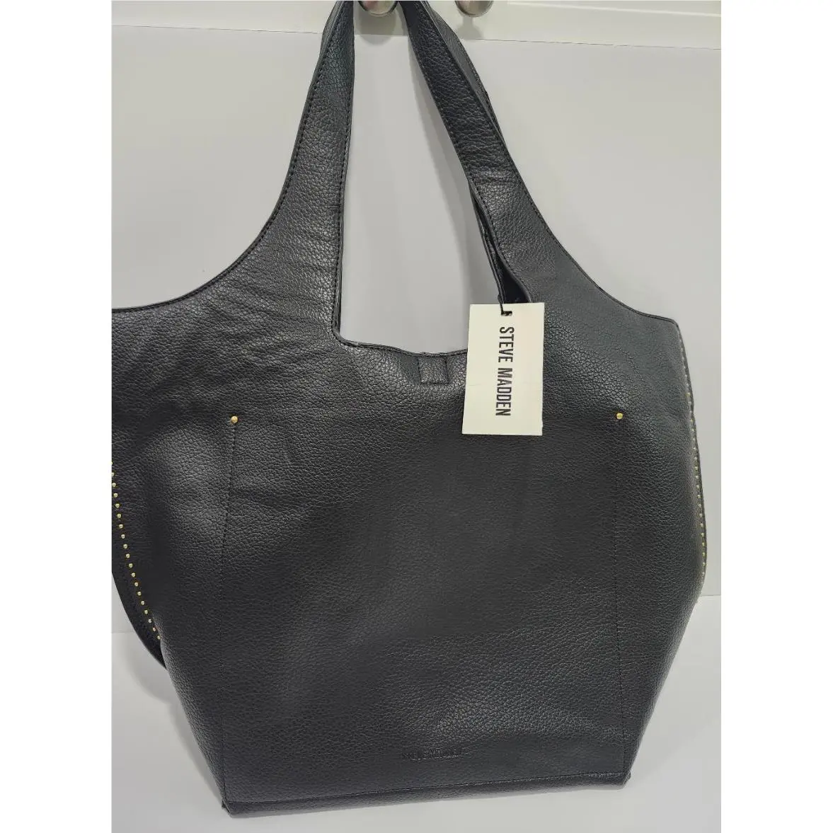 Black Studded Gold Buckle Comfort Shoulder Tote Bag by Steve Madden