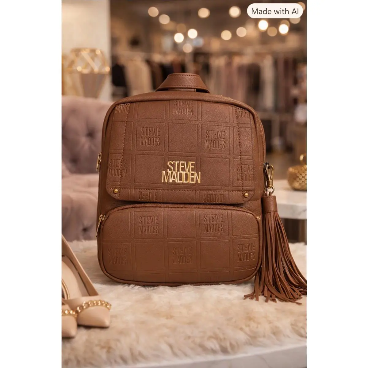 ​nwt Steve Madden Btampa Embossed Logo Backpack Nutshell Tan Brown Tassel Bag