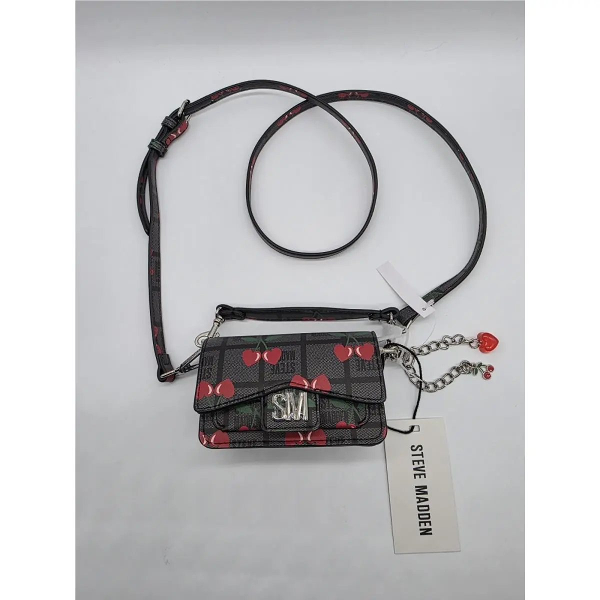 Steve Madden Black/grey Mini Crossbody Wallet Cherry Heart Logo Print Bag Charm