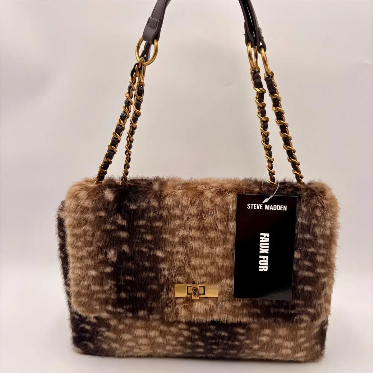 Bkolman Spotted Fur Shoulder Bag Purse Brown Deer Print Gold by Steve Madden