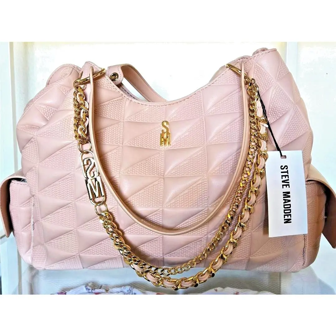 Belena Quilted Linen Pink Hobo Shoulder Bag Chain Strap by Steve Madden