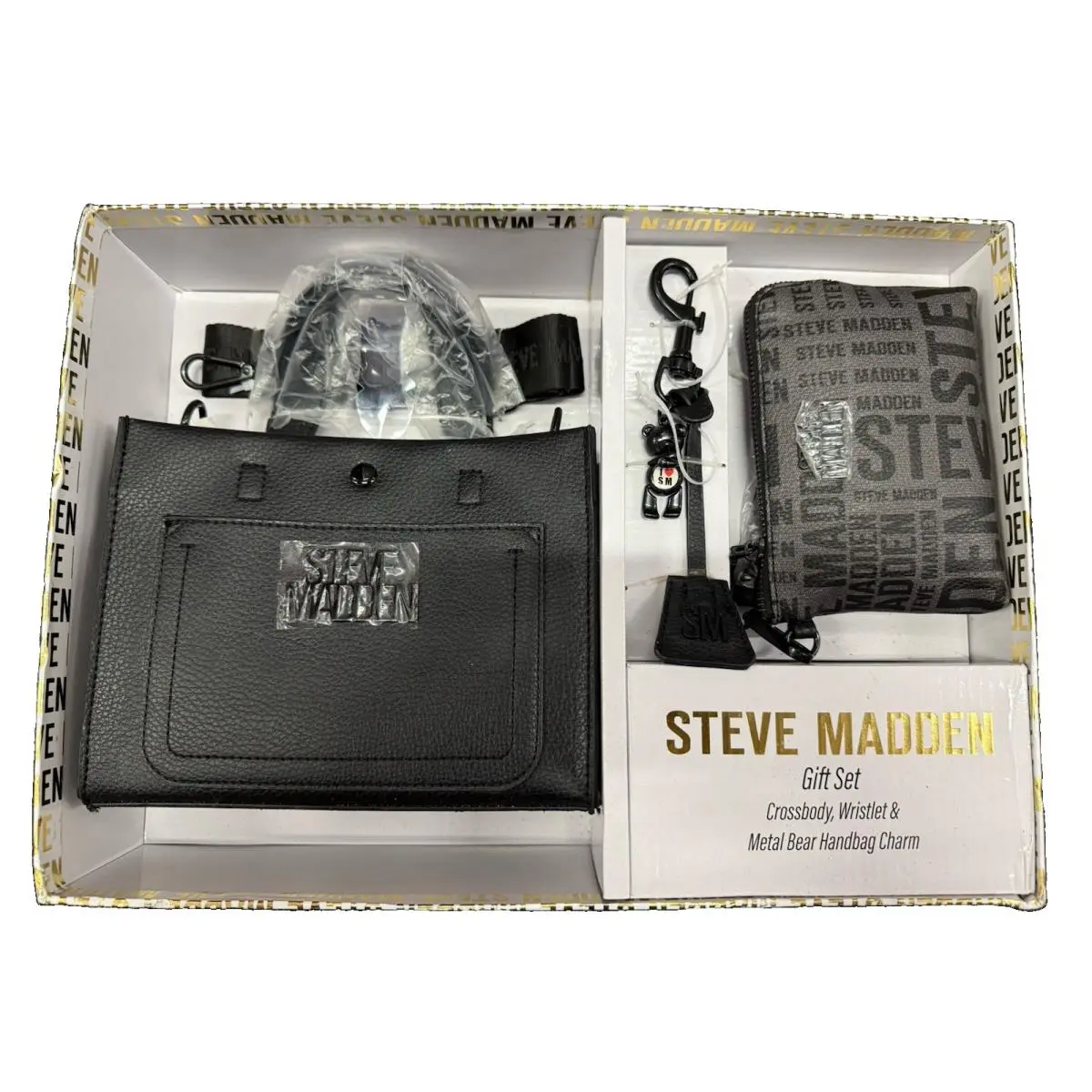 Black Crossbody Bag Wristlet Bear Charm 3 Piece Gift Set Box by Steve Madden