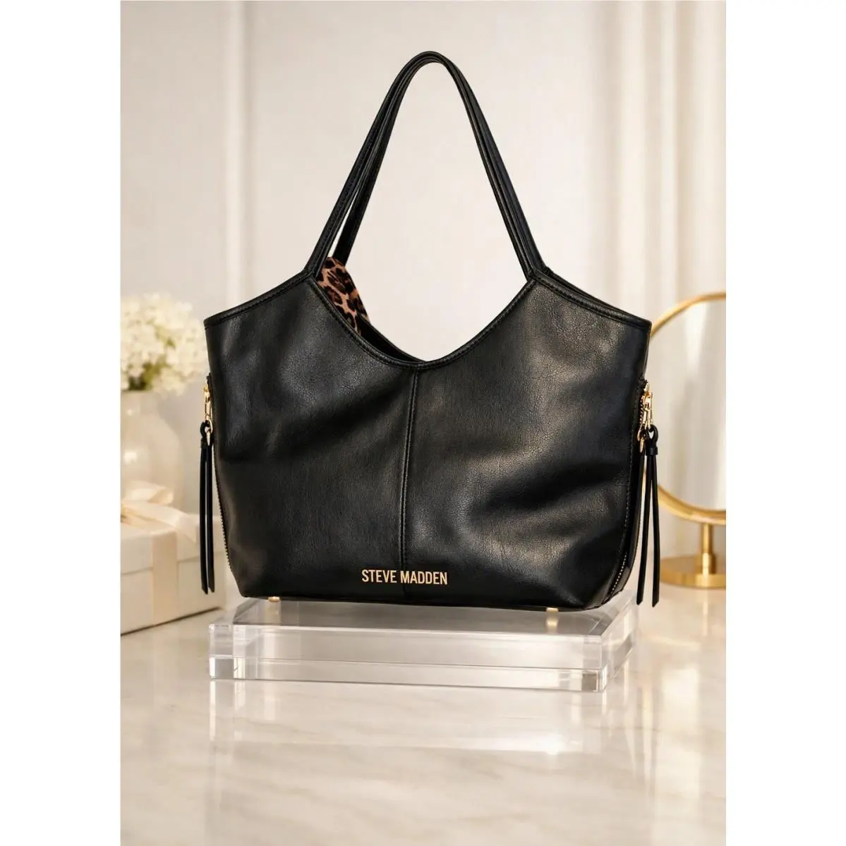 Black Leather Tote Shoulder Bag Leopard Scarf Side Zippers by Steve Madden