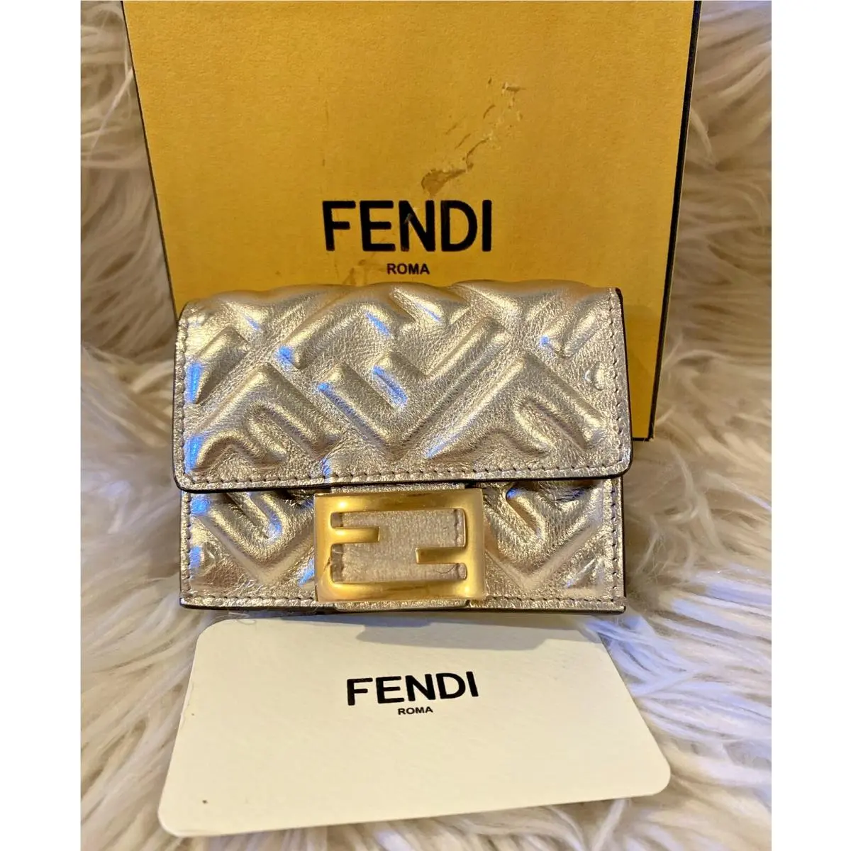 Fendi Metallic Logo Leather Trifold Mini Baguette Wallet Champagne Color