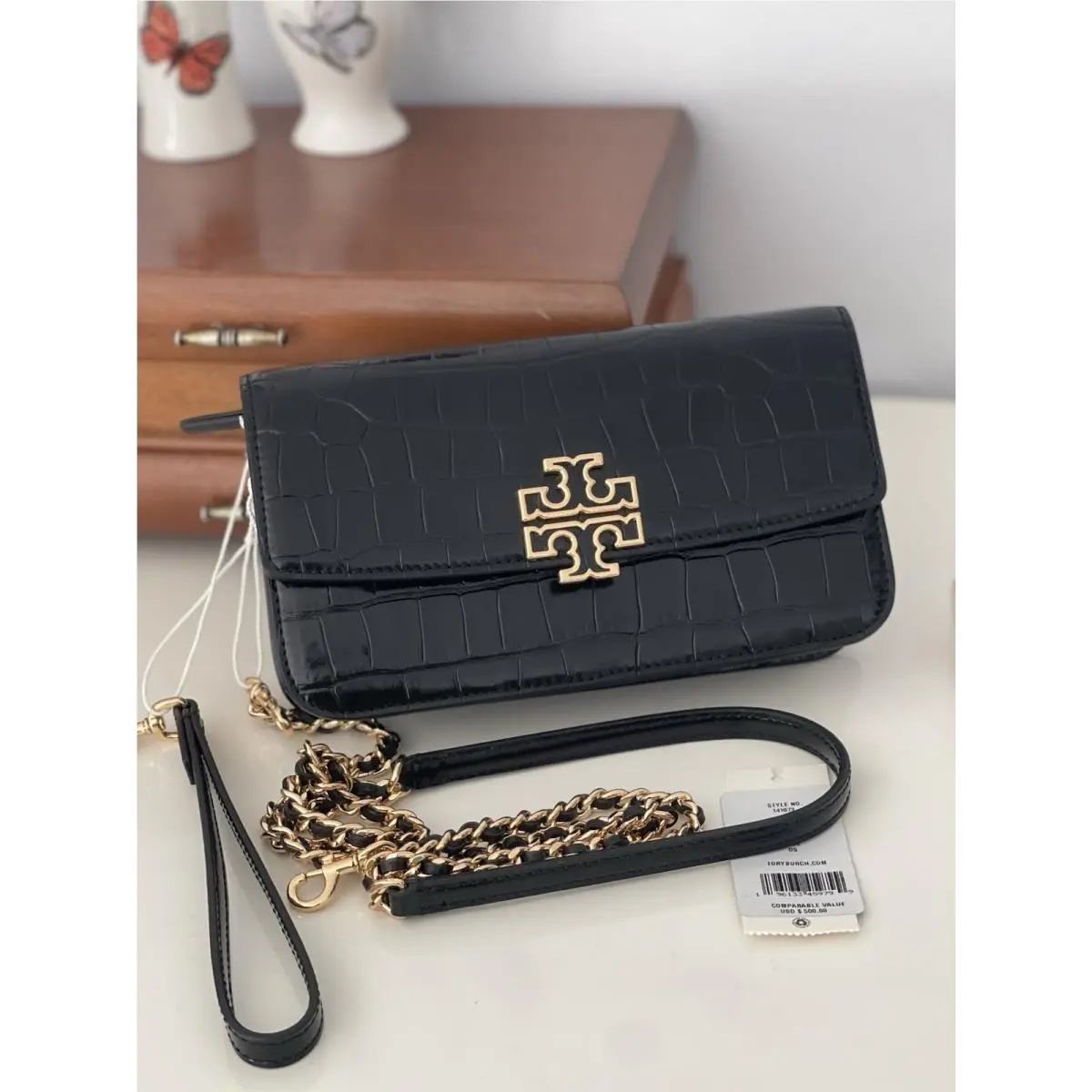 Tory Burch Britten Chain Wallet Crossbody Croc-embossed Leather Black 141073