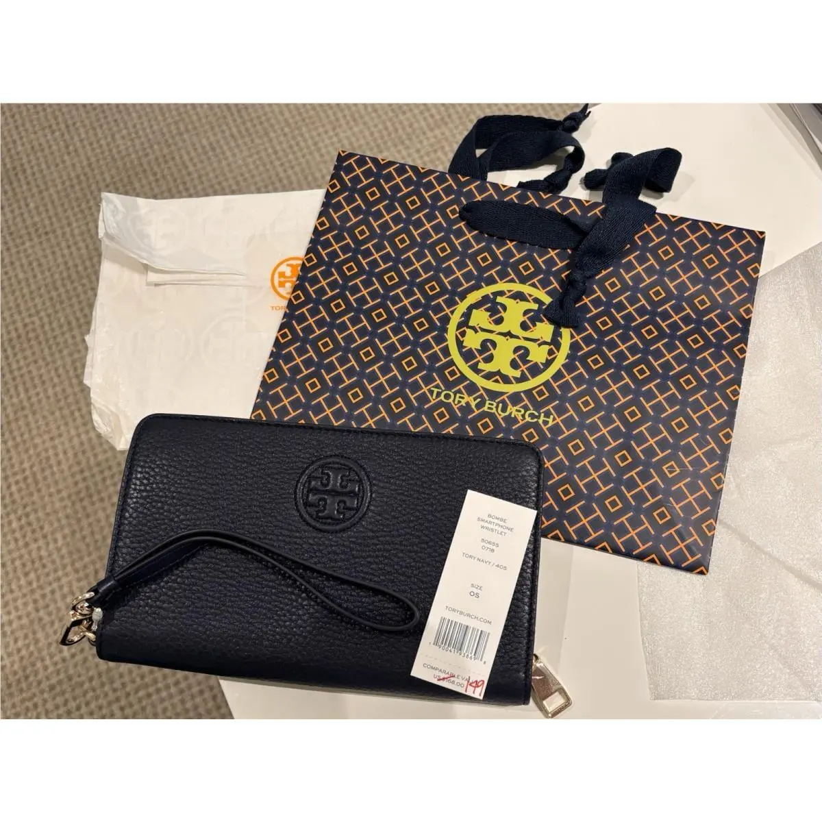 Tory Burch Bombe Smartphone Wristlet Wallet Navy 506550718 Peble Leather