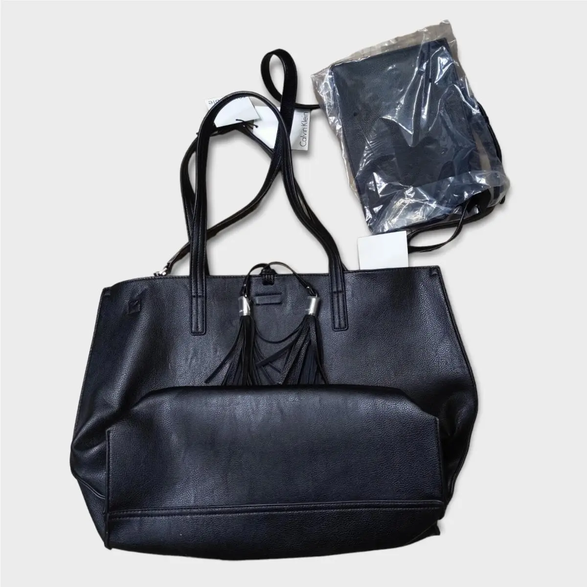 Reversible Pebbled Shoulder Tote Bag Black-beige with Zip Pouch by Calvin Klein