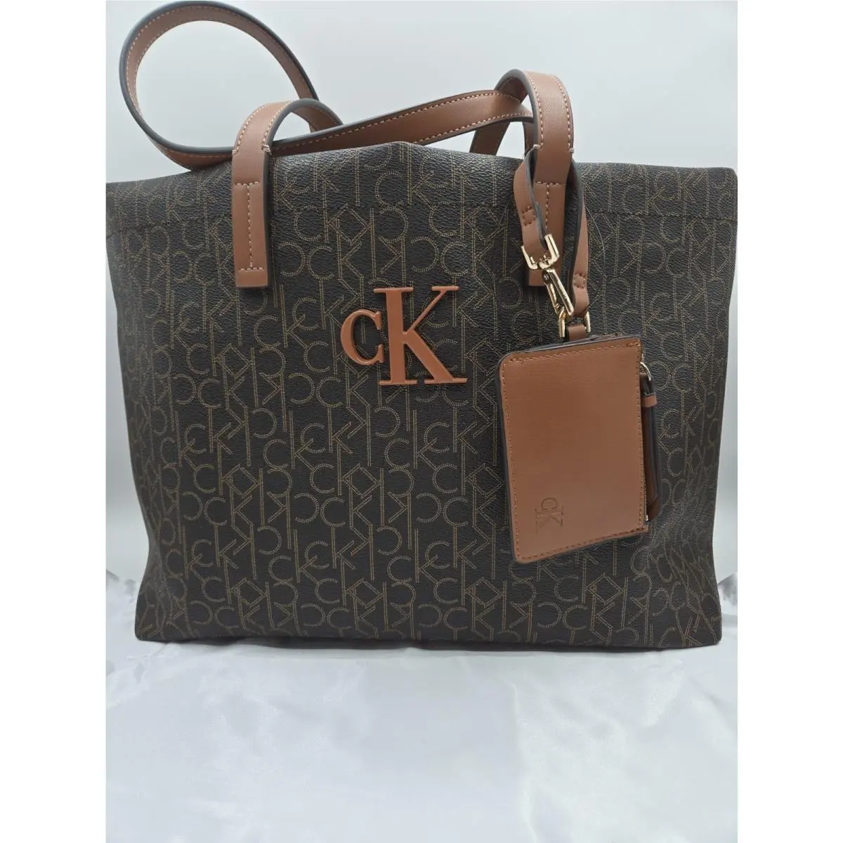 Lg Signature Tote CK Logo Print with Coin Card Wallet/brown by Calvin Klein