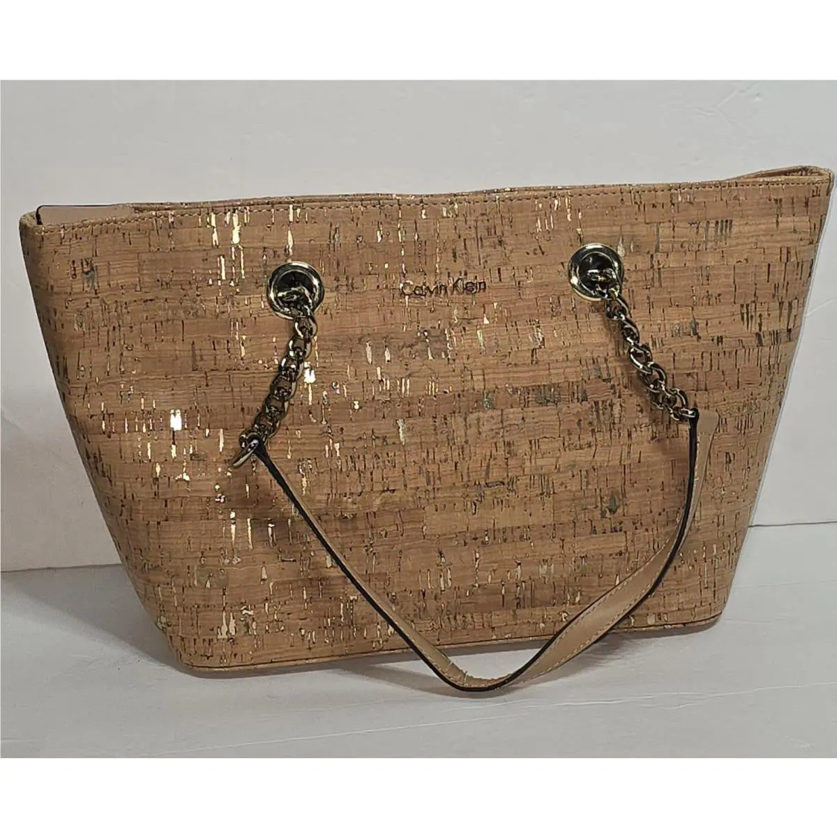 Exterior Cork Shoulder Tote Handbag Purse Gold Cha by Calvin Klein