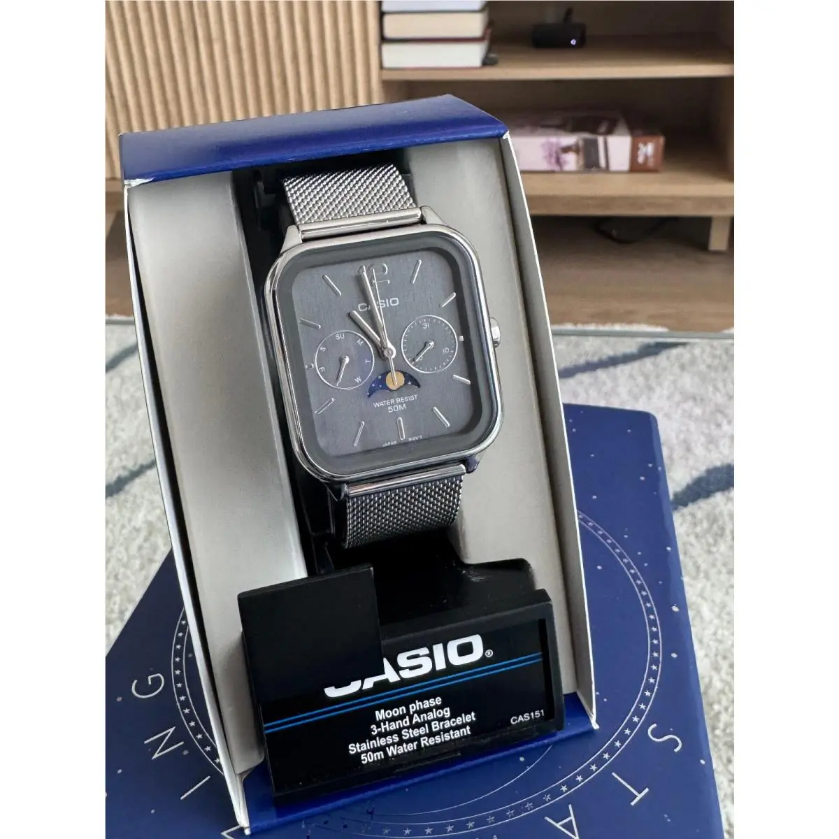 MTP-M305MC-8AV Moon Phase Men`s Watch – Gray Dial Stainless Steel Mesh by Casio