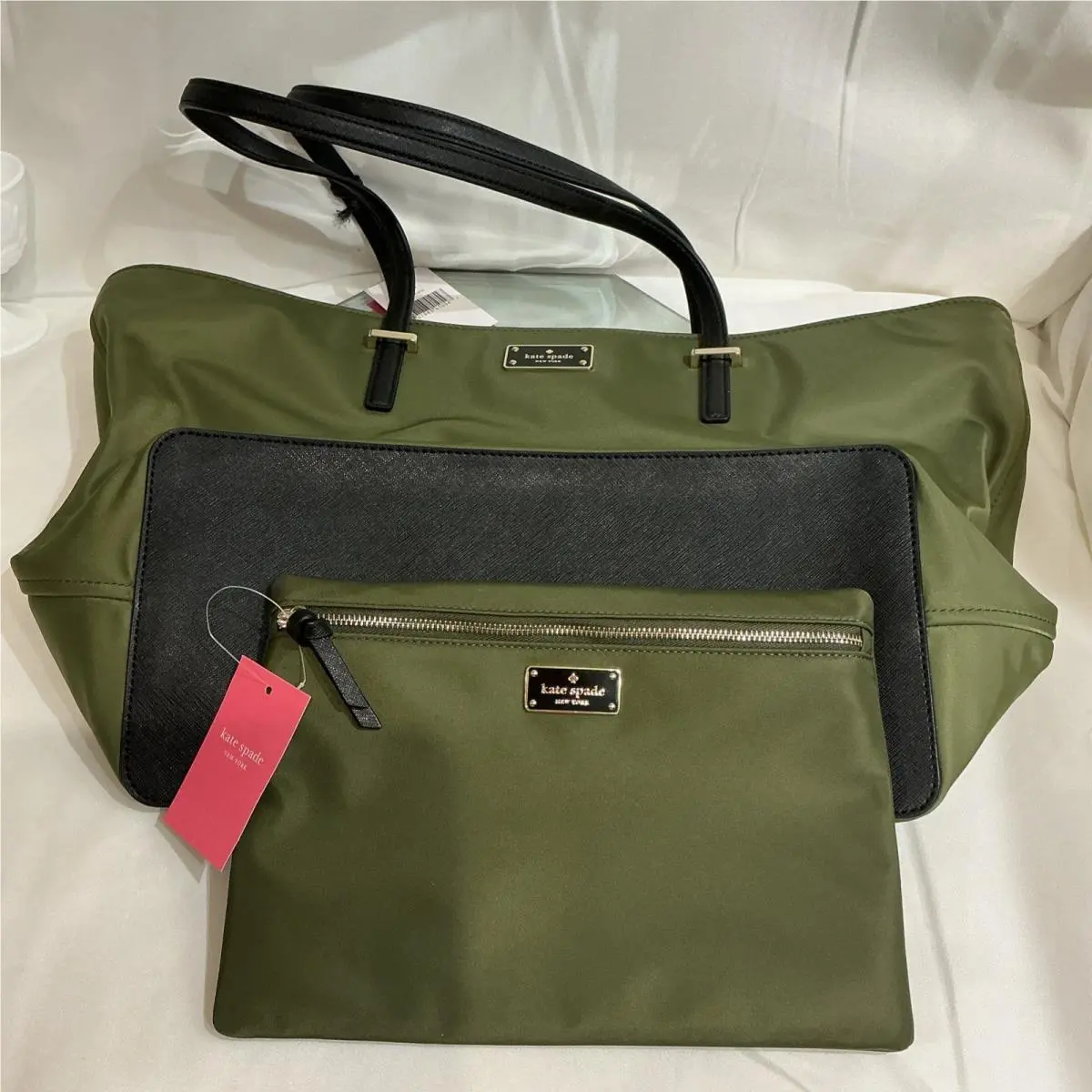 New York Olive Green Nylon Med Tote Bag Cosmetic Bag by Kate Spade