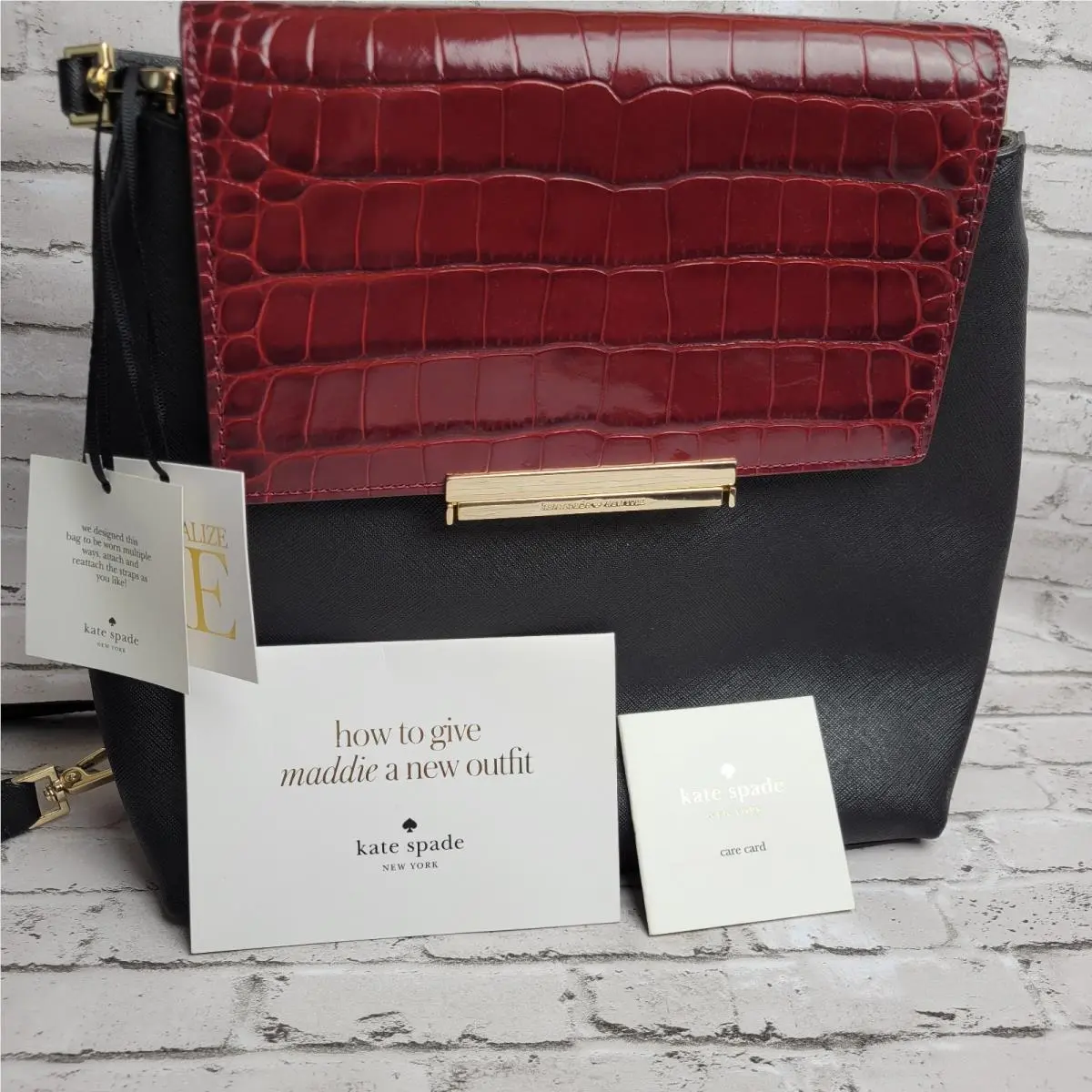 New  Maddie Black/burgundy Croc Embossed Convertible Crossbody Bag by Kate Spade