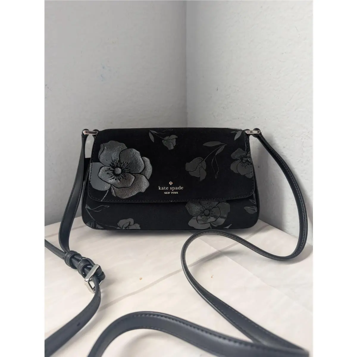 KP188 Sutton Floral Suede Mini Crossbody Bag In Black by Kate Spade