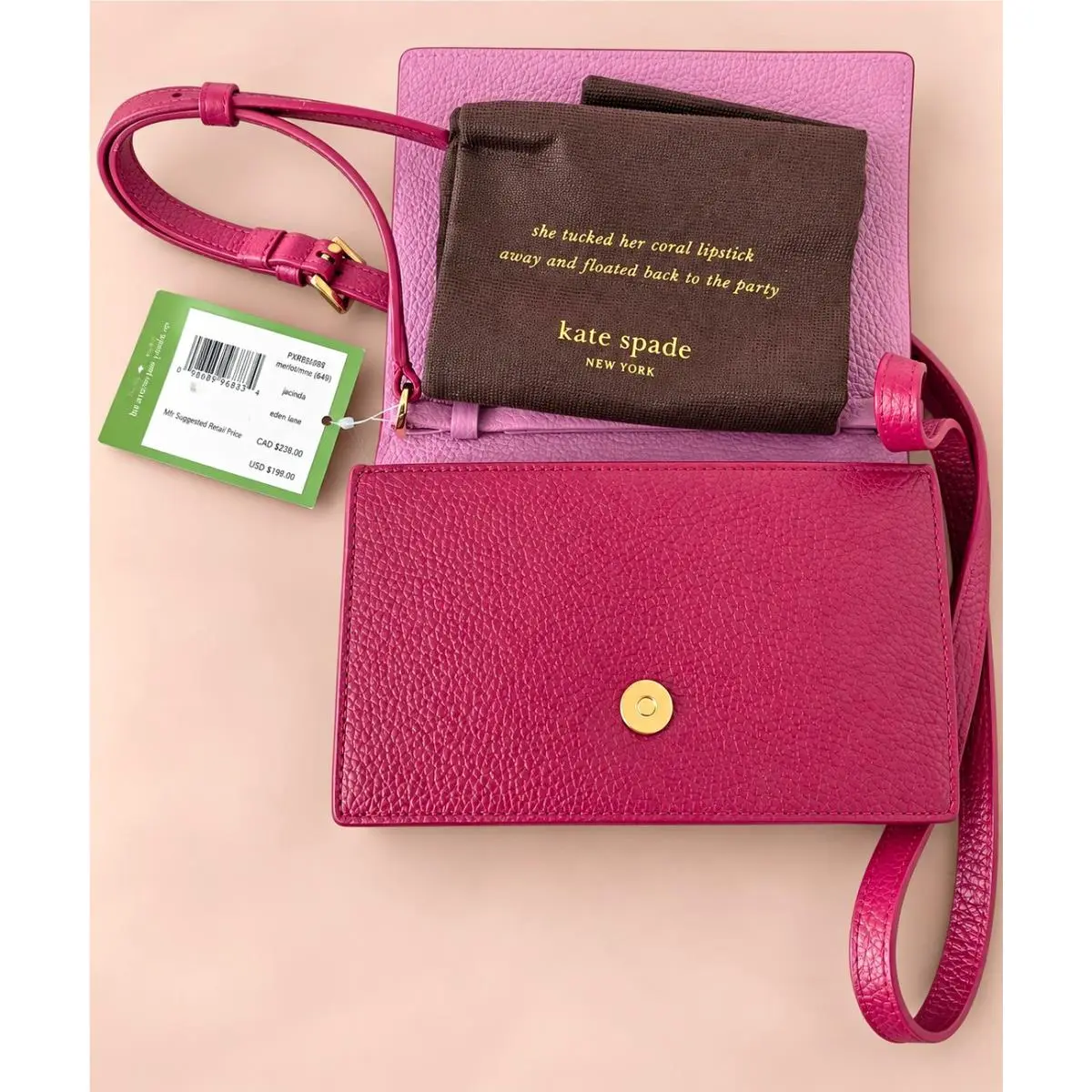 New York Pink Crossbody Bag Bow Accent Gold Hardware Pockets by Kate Spade
