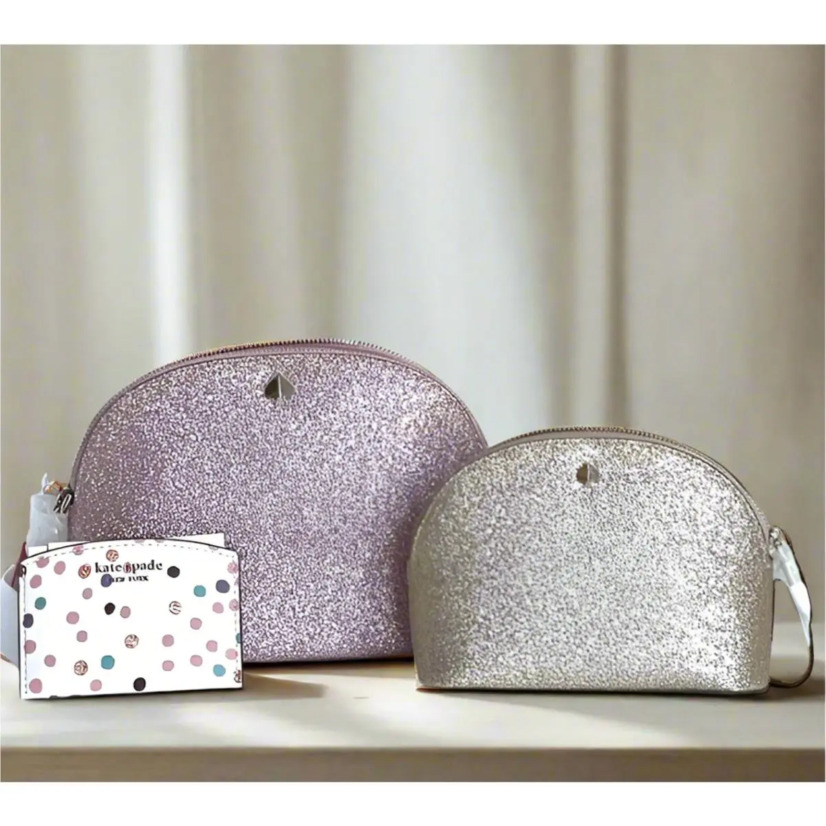 Kate Spade Crossbody Set Rose Gold Glitter Wallet Pouch Makeup Card Case 3PC