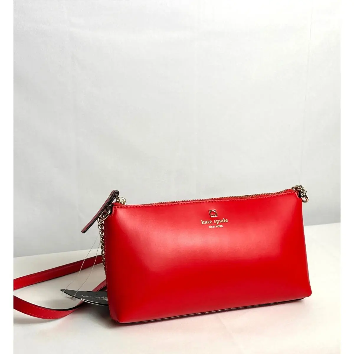 New York Red Leather Crossbody Bag Gold Logo Zip Top PXRU8056 by Kate Spade