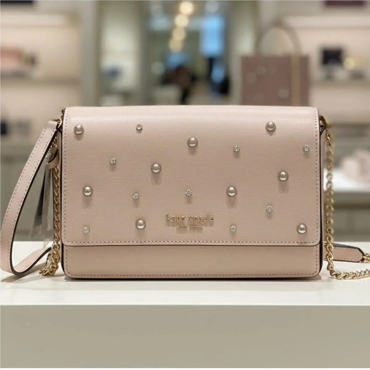 Kate Spade Purl Pearl Pale Dogwood Crystal Flap Clutch Wallet On Cha