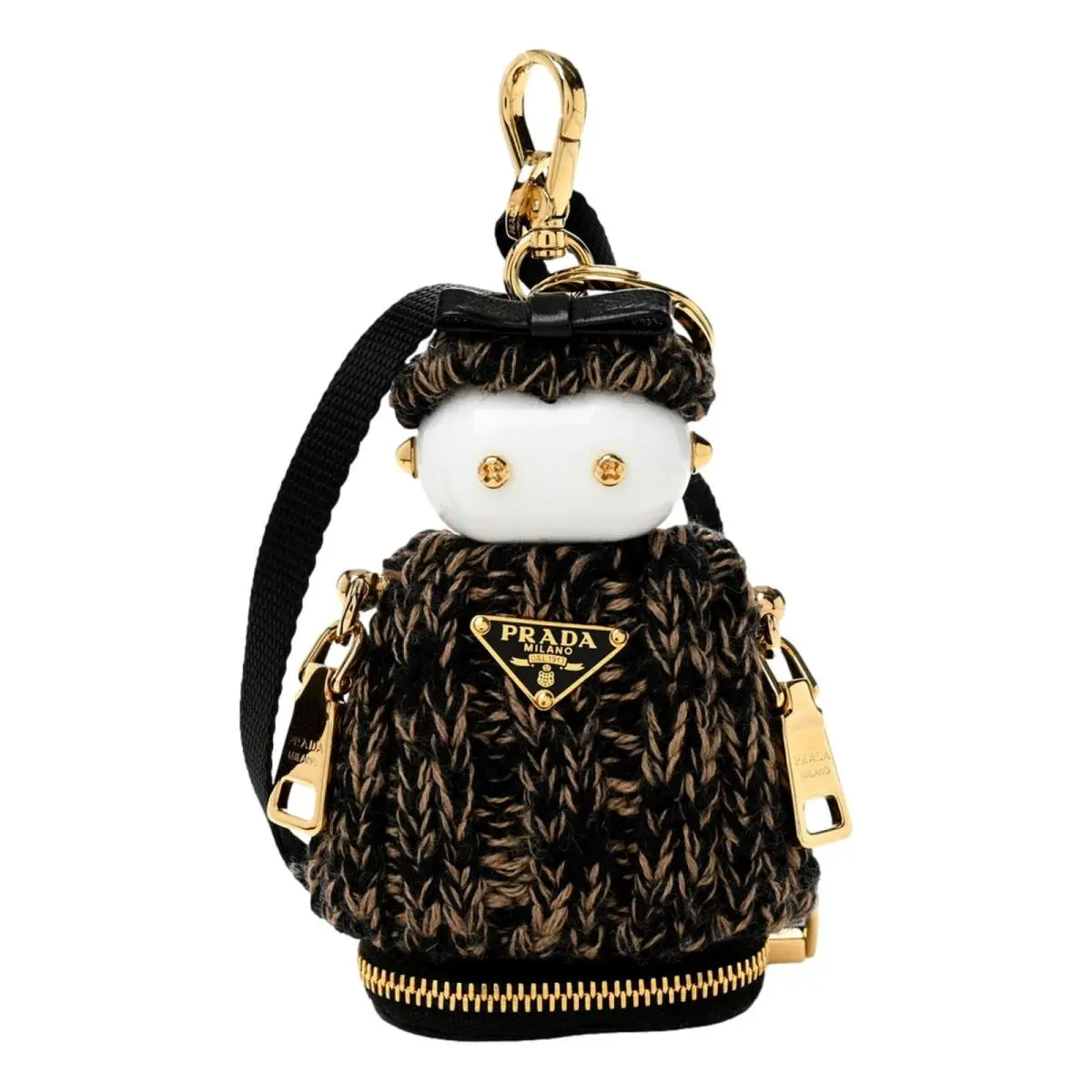 Prada Knitted Robot Keychain Bag Charm Black Camel Lambskin Bow