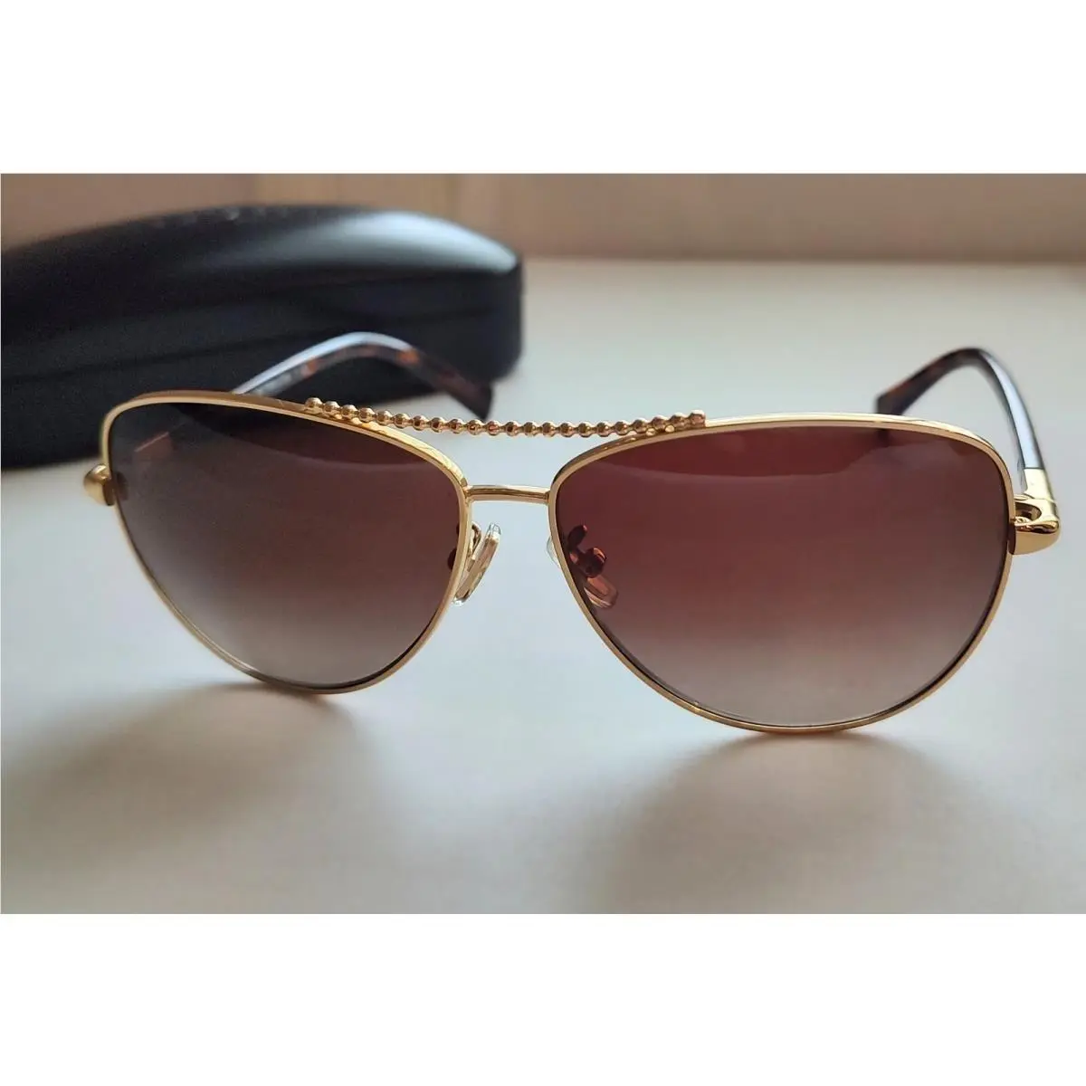 Coach Beaded Chain Aviator Sunglasses HC7058 - Gold Dark Tortoise/brown Gradient