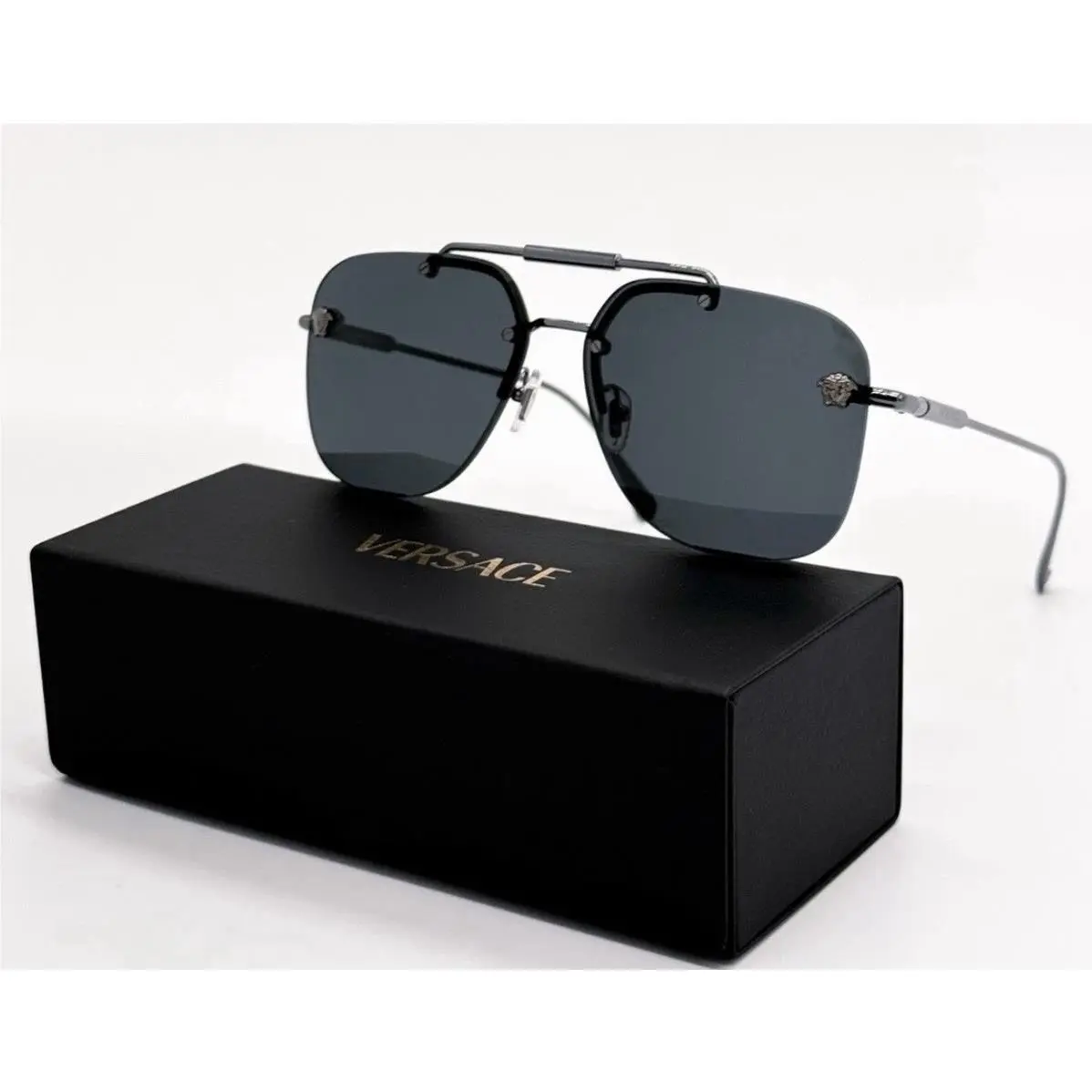 VE2296 Rimless Aviator Sunglasses Gunmetal Gray - Paperwork by Versace